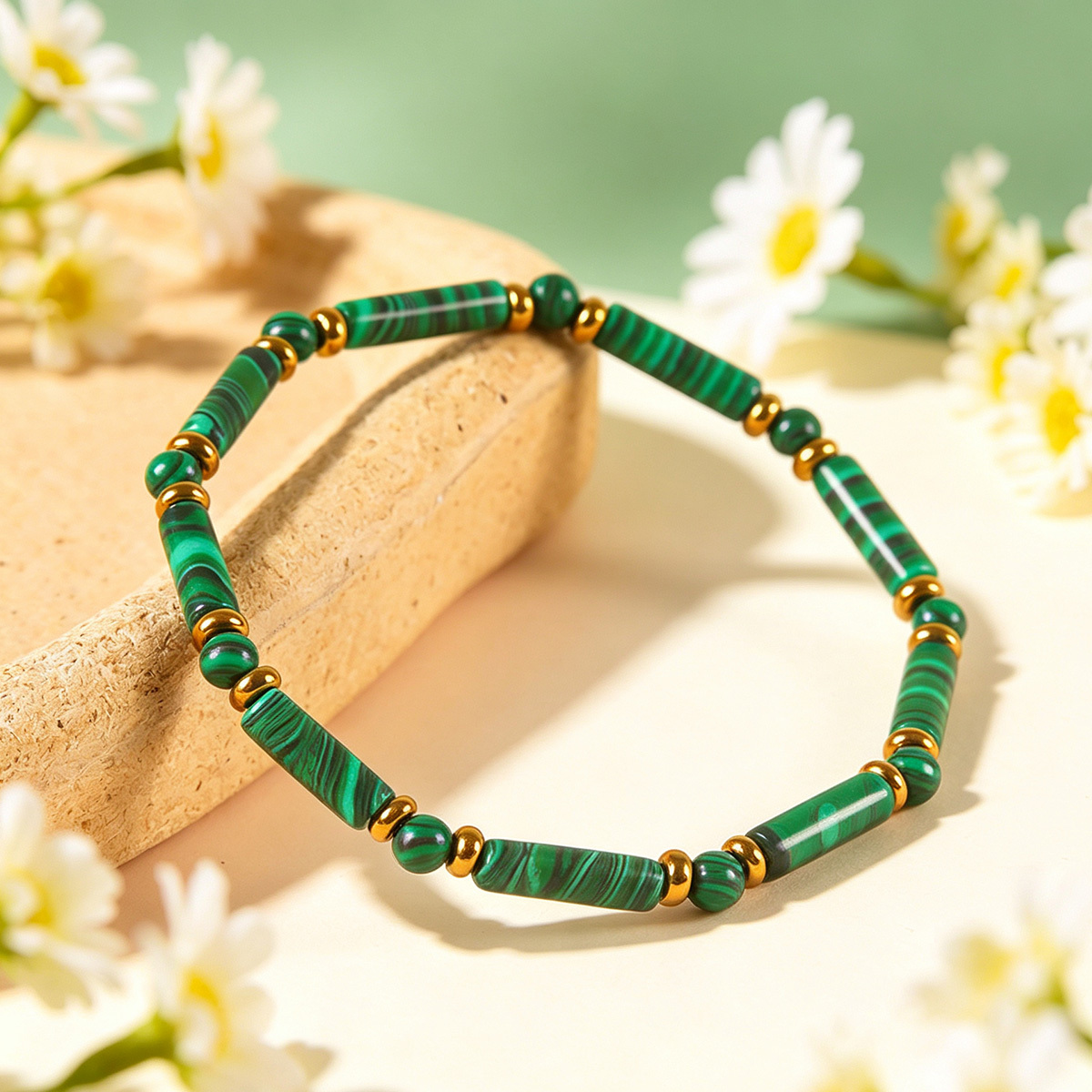 Natural Malachite Tube Bead Bracelet, Unisex Wealth Attraction